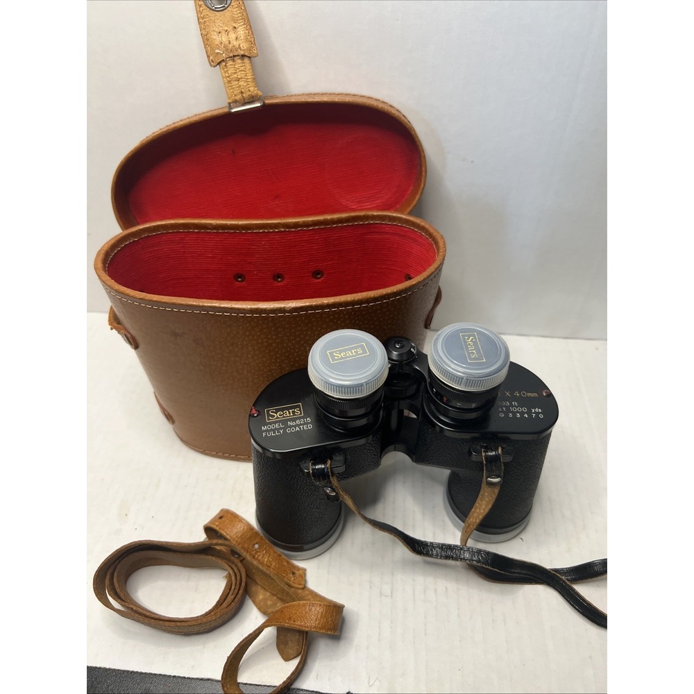 Sears 8x40 Binoculars Model 6210 Coated Optics w/ Leather Case Vintage Clean